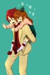  closed_eyes crown formal happy piggyback red_hair redhead simple_background suit umineko_no_naku_koro_ni ushiromiya_battler ushiromiya_maria wink yonchi 