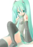  aqua_eyes aqua_hair detached_sleeves hatsune_miku headset kourourin long_hair simple_background sitting skirt solo thighhighs twintails vocaloid 