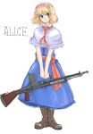  blonde_hair blue_eyes boots character_name gun hairband highres machine_gun michael-x short_hair solo touhou weapon zb_26 