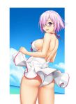  1girl ass bikini blush breasts clouds fate/grand_order fate_(series) glasses hair_over_one_eye large_breasts looking_at_viewer looking_back mash_kyrielight ocean one-piece_swimsuit open_mouth purple_hair sawada_yuusuke short_hair side-tie_bikini sky smile solo swimsuit swimsuit_lift tan tanline violet_eyes white_swimsuit 
