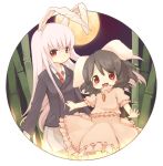  :3 animal_ears bamboo bamboo_forest black_hair blazer bunny_ears forest inaba_tewi kishibe long_hair moon multiple_girls nature necktie open_mouth pleated_skirt purple_hair rabbit_ears red_eyes reisen_udongein_inaba short_hair skirt touhou 