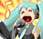  11_(?-pon3rd) 1girl aqua_hair closed_eyes detached_sleeves hatsune_miku long_hair microphone microphone_stand necktie open_mouth singing smile solo twintails vocaloid 