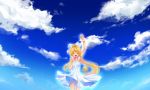  blonde_hair closed_eyes cloud clouds dress haou kamio_misuzu long_hair ponytail sundress wave waving 