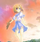  blue_eyes bookbag cloud higurashi_no_naku_koro_ni orange_hair ryuuguu_rena satou_takeshi school_uniform short_hair sky solo t-file 