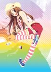  brown_hair hat highres hoppege long_hair original putting_on_shoes shoes shorts sneakers striped striped_legwear striped_thighhighs thigh-highs thighhighs 