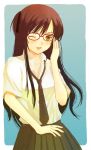  glasses hijiri_ruka long_hair necktie school_uniform skirt wink yellow_eyes 