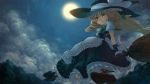  apron atsuki bad_id blonde_hair bowtie braid broom broom_riding buttons cloud embellished_costume fingerless_gloves flying frills full_moon gloves hat kirisame_marisa lace light_smile moon night night_sky short_hair side_braid sky solo stare touhou witch_hat yellow_eyes 