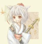  amanojaku animal_ears bad_id hat inubashiri_momiji leaf red_eyes sword tokin_hat touhou white_hair 