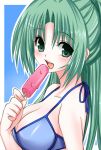  bikini green_eyes green_hair higurashi_no_naku_koro_ni long_hair ponytail popsicle sonozaki_mion swimsuit 