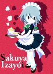  bow braid character_name cup izayoi_sakuya karaagetarou maid ribbon short_hair silver_hair smile solo tea teacup teapot touhou twin_braids 