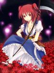  breasts cleavage onozuka_komachi red_eyes red_hair redhead scythe short_hair sitting solo tachi_koma thigh-highs thighhighs touhou twintails 