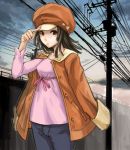  cabbie_hat hat jacket jacket_on_shoulders monogatari_(series) power_lines sengoku_nadeko solo yato 