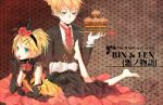  barefoot blonde_hair blue_eyes cherry cupcake draa dress elbow_gloves feet flower food fruit gloves hair_ornament hairband hairclip kagamine_len kagamine_rin lying mouth_hold on_stomach ponytail rose short_hair siblings tray twins vocaloid 