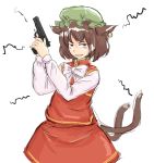  brown_eyes brown_hair cat_ears cat_tail chen earrings gun handgun hat jewelry m1911 michael-x multiple_tails pistol short_hair smirk solo tail touhou weapon 