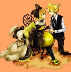 blonde_hair bow bunny chair dress elbow_gloves gloves hair_bow hair_ornament hairclip high_heels jewelry kagamine_len kagamine_rin necklace ponytail rabbit shoes short_hair siblings simple_background sitting stuffed_animal stuffed_toy twins vocaloid 