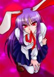  breasts bunny_ears cleavage kneeling long_hair mouth_hold murasaki-san necktie pleated_skirt purple_hair rabbit_ears red_eyes reisen_udongein_inaba skirt solo thigh-highs thighhighs touhou 