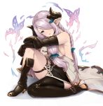 1girl bare_shoulders black_gloves blue_eyes boots braid breasts butterfly_hair_ornament demon_horns elbow_gloves fingerless_gloves gloves granblue_fantasy hair_ornament highres horns large_breasts lavender_hair long_hair narumeia_(granblue_fantasy) neo-masterpeacer one_eye_covered pointy_ears single_thighhigh solo thigh-highs thigh_strap white_background 