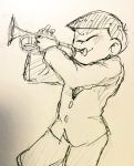  1boy bowl_cut closed_eyes cowboy_shot formal graphite_(medium) instrument monochrome osomatsu-kun osomatsu-san osomatsu_(osomatsu-kun) playing_instrument sketch smile suit traditional_media trumpet 