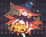  1girl :d bandages barefoot blonde_hair blush candy cape halloween hat jack-o&#039;-lantern kito_(sorahate) lantern looking_at_viewer navel open_mouth original red_eyes short_eyebrows short_hair smile solo star witch_hat 