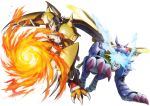  armor claws digimon digimon_world_-next_0rder- fireball glowing glowing_eyes green_eyes helmet horns metalgarurumon monster no_humans official_art red_eyes redhead teeth tongue wargreymon watanabe_kenji white_background 