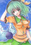  1girl :d breasts colored_pencil_(medium) covered_nipples eyeball green_eyes green_hair green_skirt hand_on_headwear hat hat_ribbon heart heart_of_string highres komeiji_koishi large_breasts looking_at_viewer mii@chiffonx open_mouth ribbon sample short_hair skirt smile solo third_eye touhou traditional_media 