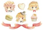  3girls alice_margatroid blue_eyes braid cookie crescent_hair_ornament cupcake double_bun food hair_ornament hair_ribbon hairband hat icing kagome_f kirisame_marisa lolita_hairband looking_at_viewer macaron mob_cap multiple_girls one_eye_closed open_mouth patchouli_knowledge portrait purple_hair ribbon simple_background single_braid smile star touhou traditional_media tress_ribbon violet_eyes watercolor_(medium) white_background witch_hat yellow_eyes 
