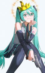  1girl :3 absurdres aqua_eyes aqua_hair aqua_nails aqua_necktie arm_tattoo black_skirt black_sleeves black_thighhighs closed_mouth crown detached_sleeves fortnite grey_shirt gun halo hand_on_own_chin handgun hatsune_miku highres holding holding_gun holding_weapon long_hair necktie number_tattoo shirt skirt smoke solo tattoo thigh-highs twintails vocaloid waligner weapon white_background 