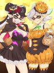  2girls aori_(splatoon) basket black_hair black_legwear black_nails blood blood_from_mouth breasts candy cape cleavage dress earrings gloves green_lipstick grey_hair grin halloween hand_on_hip hat highres hotaru_(splatoon) jewelry lipstick lollipop long_hair looking_at_viewer makeup mask mole mole_under_eye multiple_girls nail_polish pink_nails pointy_ears purple_lipstick smile splatoon taka-michi teeth tentacles thigh-highs twintails 