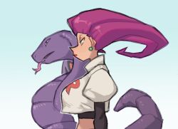  1girl arbok black_gloves cobra_(animal) crop_top earrings elbow_gloves expressionless from_side gloves hair_slicked_back highres jessie_(pokemon) jewelry karu_184 light_frown lipstick long_hair makeup pink_hair pokemon pokemon_(anime) pokemon_(classic_anime) pokemon_(creature) profile puffy_short_sleeves puffy_sleeves red_lips short_sleeves single_letter snake sphere_earrings team_rocket team_rocket_uniform tongue tongue_out 