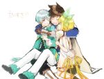  1girl 2boys blonde_hair blue_eyes blush choker closed_eyes edna_(tales) grin group_hug hairband hug mikleo_(tales) multiple_boys ribbon short_hair side_ponytail smile sorey_(tales) tales_of_(series) tales_of_zestiria violet_eyes yuusa-y 