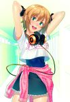  1girl brown_hair green_eyes headphones highres idolmaster idolmaster_cinderella_girls open_mouth short_hair smile solo tada_riina tonoa 