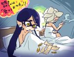  2girls bed bed_sheet bedroom bite_mark blush cigarette coin earrings game_console gold jewelry kamonabe_kamotsu long_hair mole money multiple_girls pillow pointy_ears splatoon squid tagme tentacle_hair translation_request yellow_eyes 