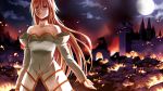  1girl archetype_earth arcueid_brunestud blonde_hair breasts castle clouds dress egnis fire full_moon highres long_hair moon red_eyes smoke solo strapless_dress tsukihime type-moon 