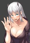 1girl ayakumo blue_eyes breasts cleavage fangs grey_background highres horns jingai_musume large_breasts long_hair looking_at_viewer ok_sign oni oni_horns original silver_hair simple_background smile solo sweat 