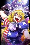  1girl american_flag_shirt arm_behind_head black_gloves blonde_hair clownpiece earrings earth elbow_gloves facial_tattoo fangs gloves hat jester_cap jewelry long_hair looking_at_viewer open_mouth pointy_ears puffy_short_sleeves puffy_sleeves red_eyes ryuuichi_(f_dragon) short_sleeves smile solo tattoo tongue tongue_out touhou upper_body very_long_hair 