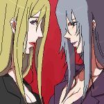  2girls bangs blonde_hair breasts cleavage earrings formal grey_hair higurashi_no_naku_koro_ni jewelry kon_(kdash) large_breasts light_smile lipstick long_hair lowres makeup multiple_girls nomura_(higurashi) profile purple_lipstick red_lipstick simple_background suit takano_miyo 