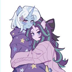  2girls :3 alternate_costume animal_ears aqua_hair blue_skin bow colored_skin commentary couple english_commentary hair_bow hair_ornament highres horns horse_ears horse_girl hug long_hair looking_at_viewer multicolored_hair multiple_girls my_little_pony my_little_pony:_equestria_girls my_little_pony:_friendship_is_magic purple_hair purple_skin selamoonix510 simple_background single_horn smug star_(symbol) star_hair_ornament starlight_glimmer starlight_glimmer_(equestria_girls) streaked_hair trixie_lulamoon trixie_lulamoon_(equestria_girls) unicorn_girl unicorn_horn very_long_hair violet_eyes white_background white_hair yuri 