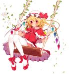  1girl absurdres adapted_costume ankle_bow ankle_ribbon blonde_hair bow cape dress flandre_scarlet gloves hat high_heels highres long_hair looking_at_viewer misoni_comi mob_cap red_dress red_eyes red_shoes ribbon shoes side_ponytail solo swing thigh-highs touhou vines white_gloves white_legwear wings wrist_ribbon zettai_ryouiki 