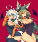  2girls breasts brown_hair chain cleavage collar elbow_gloves gloves green_eyes halloween horns kuromiya kuromiya_raika leotard long_hair multicolored_hair multiple_girls original shiromiya_asuka short_hair tail thigh-highs two-tone_hair white_hair 