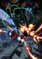  absurdres aerial_battle asteroid battle commentary dogfight english_commentary explosion highres laser mixed-language_commentary no_humans official_art otaking planet rayforce space spacecraft spacecraft_turret starfighter thrusters 