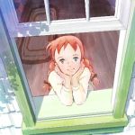  1girl anne_of_green_gables anne_shirley braid carpet chin_rest freckles from_above looking_up lowres oekaki perspective redhead sakai_yume twin_braids window 