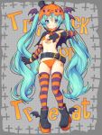  1girl absurdly_long_hair aqua_eyes aqua_hair belt bikini blush boots cape front-tie_top gloves grin halloween hat hatsune_miku highres long_hair mini_top_hat orange_bikini platform_footwear pumpkin_hat side-tie_bikini smile solo striped striped_legwear swimsuit thigh-highs top_hat trick_or_treat twintails very_long_hair vocaloid yuzuki_kei 