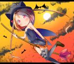  1girl bare_arms bare_shoulders bat bell black_dress blonde_hair blush broom broom_riding child clouds cloudy_sky dress grey_legwear hair_bell hair_ornament hair_rings halloween halloween_costume hat hat_with_ears highres long_hair looking_at_viewer makuran original pink_eyes sky solo strapless_dress thighhighs twintails very_long_hair witch_hat zettai_ryouiki 
