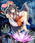  1girl amaki_teishan animal_ears barefoot black_hair blush cape cat_ears crown danmaku dress earrings fire flower full_body huyusilver jewelry leg_wraps legs mrs._estacion sky smile snow snowflakes solo star_(sky) starry_sky toga vest yellow_eyes zoom_layer 