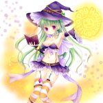  1girl blush book breasts cleavage garter_straps green_hair halloween hat highres long_hair looking_at_viewer magic_circle mizuse_ruka original red_eyes smile solo striped striped_legwear thigh-highs witch_hat 