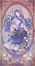  1girl absurdres blue_hair bonnet bow card_(medium) chinese_clothes dress english_text flower full_body hair_ornament hanfu hat highres holding holding_flower lao_muyu long_hair long_sleeves looking_at_viewer mamianqun original skirt solo standing tarot tarot_(medium) very_long_hair watermark wavy_hair white_flower yellow_eyes 