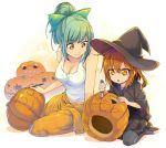  2girls akama_zenta alternate_costume bow brown_eyes brown_hair carving commentary_request green_hair hair_bow hair_ornament hairclip halloween halloween_costume hat ikazuchi_(kantai_collection) inazuma_(kantai_collection) kantai_collection multiple_girls plasma-chan_(kantai_collection) ponytail pumpkin tenryuu_(kantai_collection) witch_hat yuubari_(kantai_collection) 