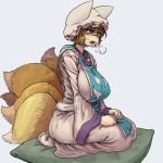 1girl blonde_hair blue_background blush breasts breathing brown_eyes chanta_(ayatakaoisii) covered_nipples dress fox_tail hands_on_lap hat hips huge_breasts long_sleeves multiple_tails open_mouth pillow pillow_hat sagging_breasts seiza short_hair simple_background sitting socks solo tabard tail thighs tongue touhou white_dress white_legwear wide_sleeves yakumo_ran 