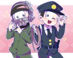  2boys :3 ;3 black_hair cowboy_shot dual_persona foothold_trap hat heart heart_in_mouth multiple_boys one_eye_closed osomatsu-kun osomatsu-san peaked_cap pink_background police police_uniform rope simple_background smile todomatsu uniform yuisan 