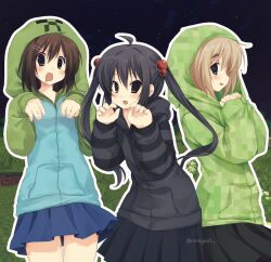  2000s_(style) 3girls alternate_costume black_hair blonde_hair brown_hair commentary cosplay creeparka creeper creeper_(cosplay) hair_bobbles hair_ornament highres hirasawa_yui hood hood_up hooded_jacket jacket jelly_(bonnybel) k-on! long_hair minecraft multiple_girls nakano_azusa outdoors outline screenshot_background short_hair skirt spider_(minecraft) spider_(minecraft)_(cosplay) tainaka_ritsu twintails white_outline zombie_(minecraft) zombie_(minecraft)_(cosplay) 